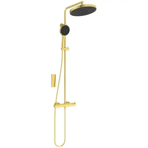 Duschsystem in metallischem Finish von Ideal Standard, bestehend aus einer Regendusche, Handbrause und thermostatischer Mischbatterie, montiert an der Wand.